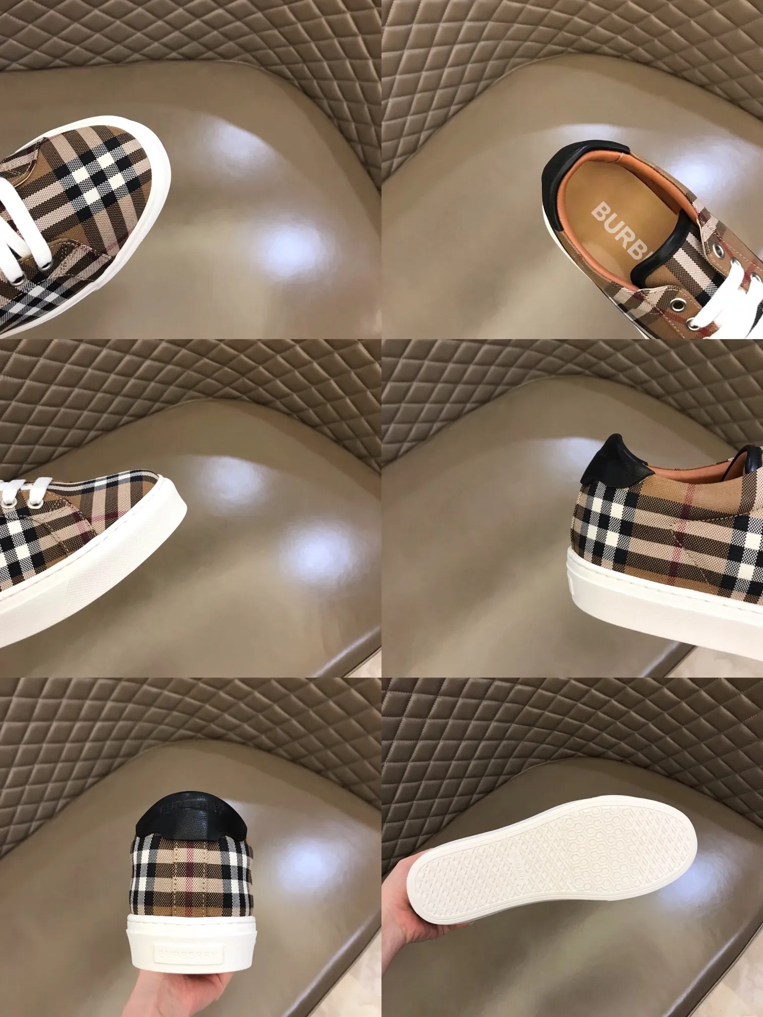 p340 "Burberr*" men's classic low-top sneakers are reinterpreted in Vintage checked cotton material and decorated with a new brand logo. First-layer sheepskin lining, embossed Burberry logo on the heel, and original TPU outsole!  Size: 38-44